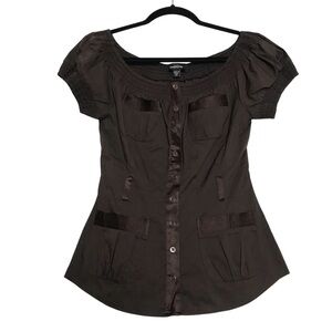 Bebe Womens Y2K Coquette Forest Fairy Brown Silk Blend Smocked Button Up Top XS